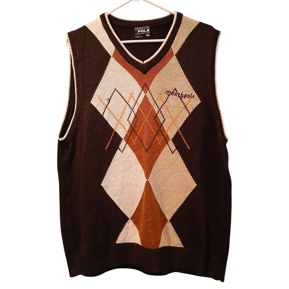 Southpole Mens Argyle Sweater Vest Brown Orange Knit V-Neck XL Acrylic